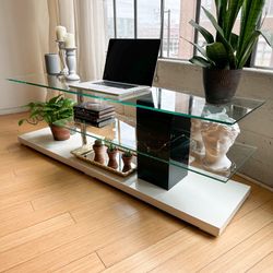 White TV Stand Low Table with Glass Shelves