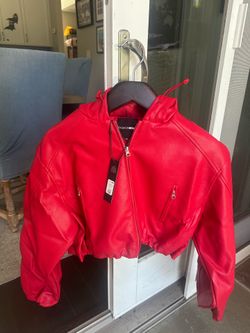 Red leather jacket (cropped)