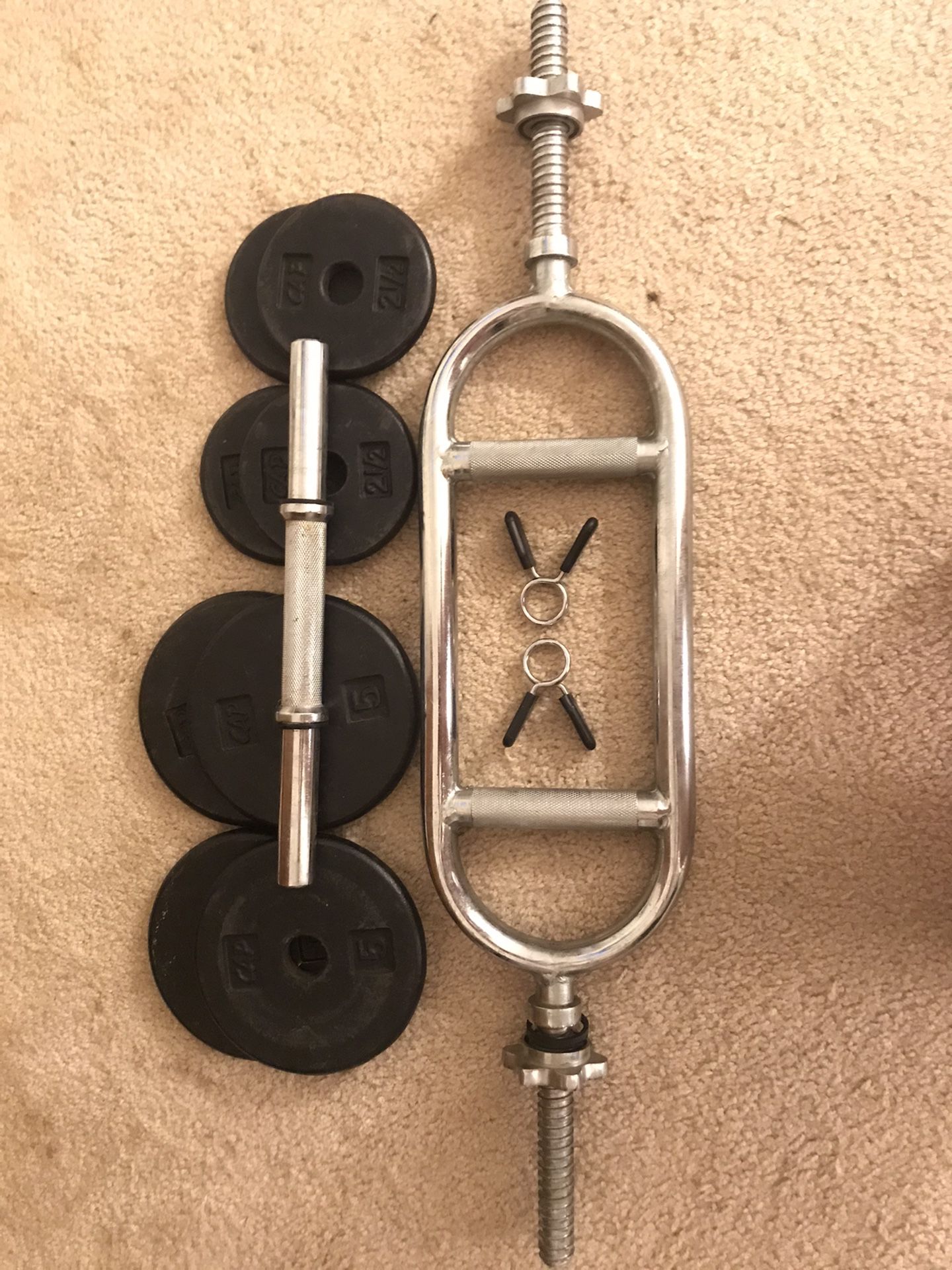 Tricep lift bar & dumbell with weights