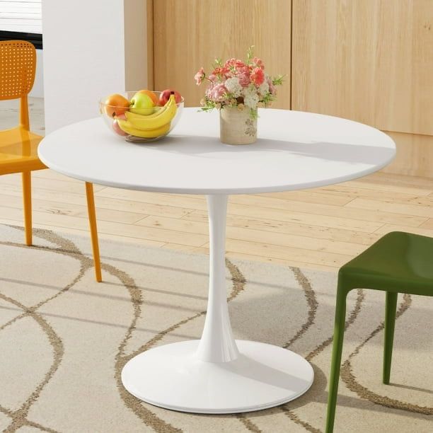 Lamerge White Round Dining Table, 42.1" Tulip Table Kitchen Dining Table 4-6 People with MDF Table Top & Pedestal Base, Mid-Century End Table Leisure