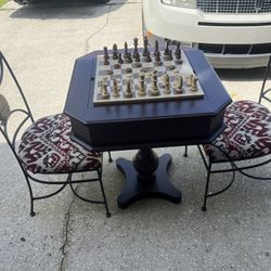 Wood Chess Table And Two Chairs