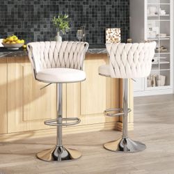 NEW TWO (2) Beige Velvet Upholstered Counter Height Barstools Adjustable Kitchen Island Chairs, Swivel Bar Stools Upholstered