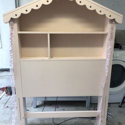 Solid Wood Light Pink Twin Dollhouse Bookcase Scalloped Design With Cubbies And Window Details