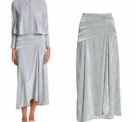 Vince Ruched Velvet Paneled Midi Skirt  Pale Sea Glass Size 8 NWT