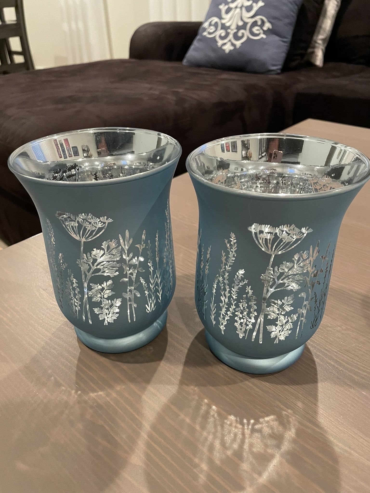 Blue & Silver Floral Glass Flameless Candle Holder w/ Flameless Candle, Set of 2