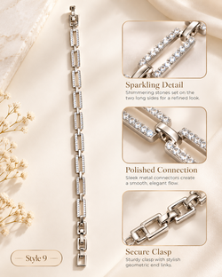 ✨ Style 9 – Women's Elegant Silver-Tone Crystal Rectangle Link Bracelet ✨