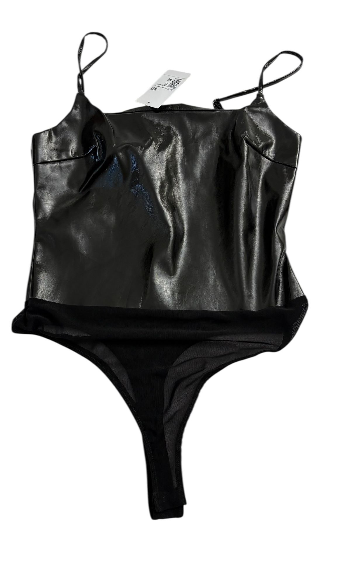 FOREVER 21 Black Faux Patent Leather Thong Bodysuit Women's Size Medium NWT