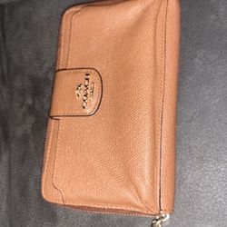Coach Brown Leather Wristlet Wallet With Card Slots & ID Window