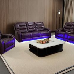 All power electric brown leather fully reclining three piece couch set 
