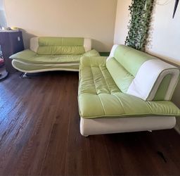 Modern Light Green & White 2-Piece Curved Sofa and Loveseat Set