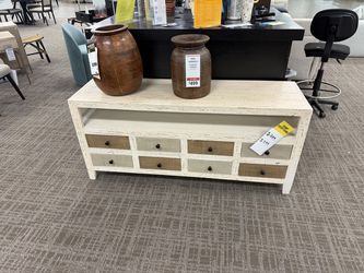 Progressive Mojave Multi 61 Inch Media Console - Distressed Antique White With Multi-Tone Natural Wood Drawer Fronts | TV Stand | Entertainment Center