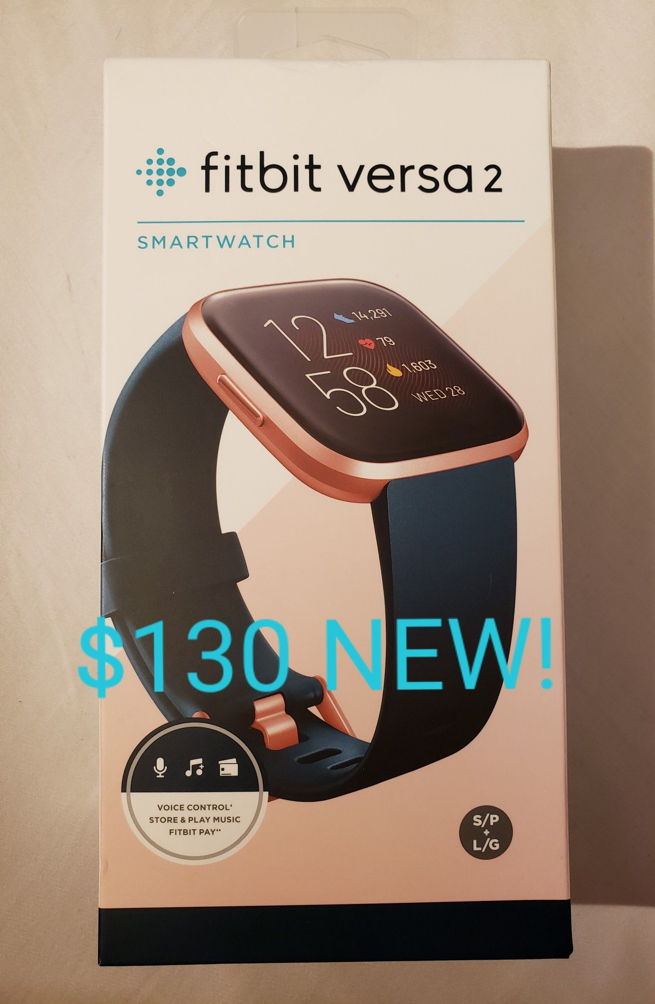 Fitbit Versa 2 (New, Sealed) Color: Emerald Green band; Copper Rose clock