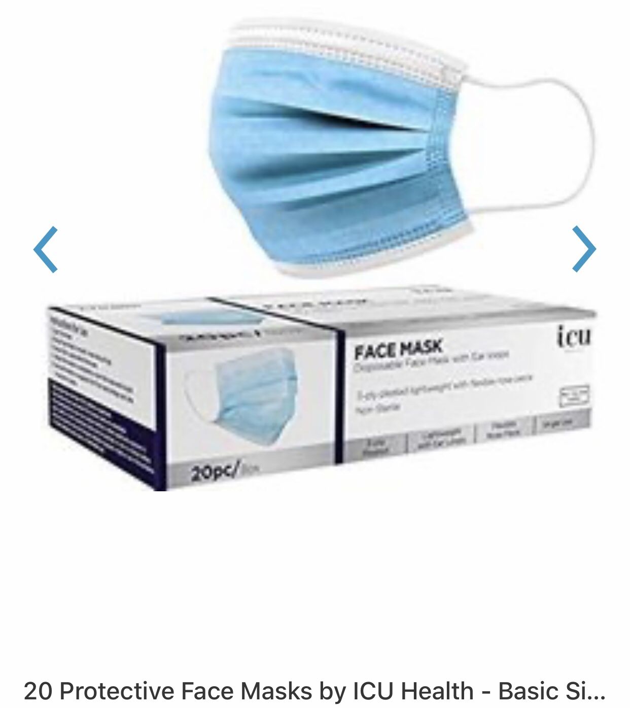New box of 20 pc disposable protective face masks by ICU Health