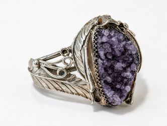 Vintage Sterling Silver Amethyst Druzy Cuff Bracelet Floral Leaf Design 84.7g