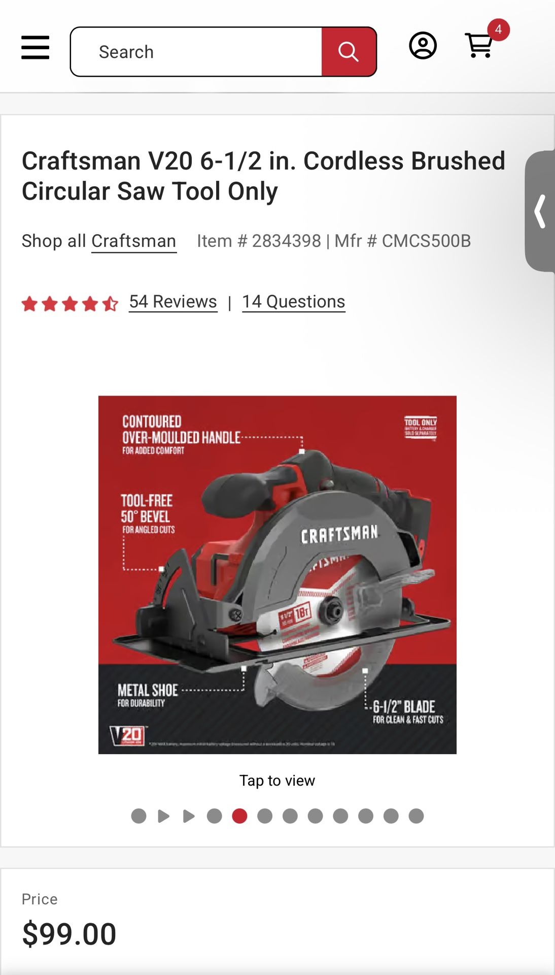 Craftsman V20 6-1/2 in. Cordless Brushed Circular Saw Tool Only