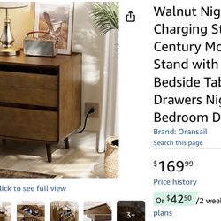 Walnut Nightstand with Charging Station Mid Century Modern Night Stand