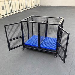 (NEW) $160 Folding Dog Cage 37x25x33” Heavy Duty Double-Door Kennel w/ Divider, Plastic Tray