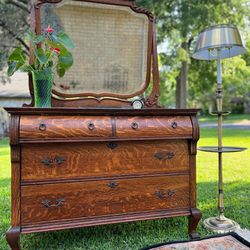 Antique  Carved TigerWood Dresser with Mirror