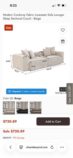 Bed Bath & Beyond Corduroy Couch $400. Have had for 3 months. No stains, no damage. Too big for my apartment. Pick up only.