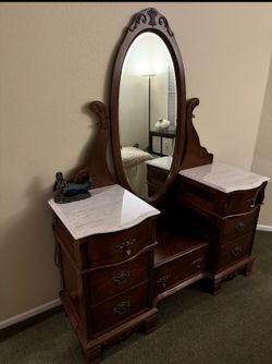 Vintage Wood Vanity Dresser w/ Mirror & Marble Top
