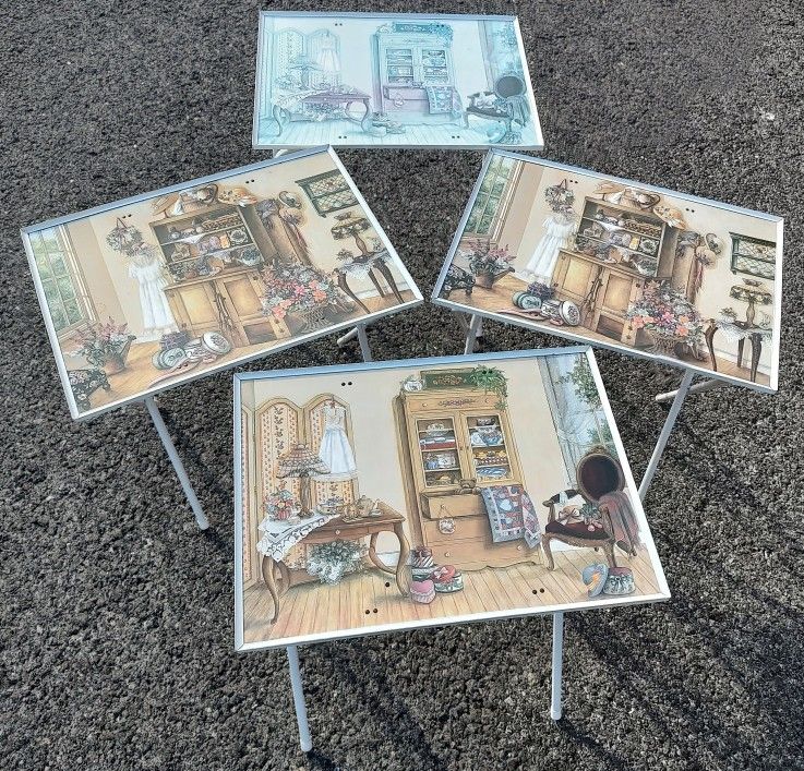 Vintage Retro Kay Lamb Shannon Scenes Early American Deco 4 TV Trays PLEASE READ
