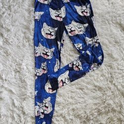 Cats Space Gallaxy Womens Leggings pants Elastic Waist tabby kitty meow blue medium? laying flat unstretched 13", stretched 17" length 34" spandex I w