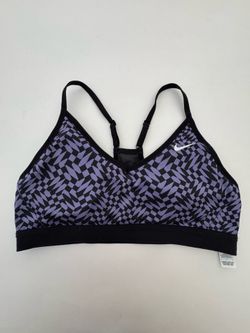 Pre Owned Good  Nike Pro Indy Checkered Sports Bra  Padded  Adjustable  Purple Black  Women Size Large