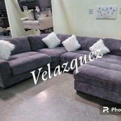 
✅️"4 pc grey wide welt cordury fabric upholstered modular sectional sofa with chaise"