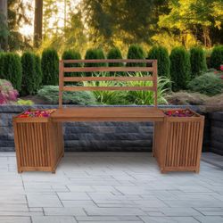 NEW Outdoor Bench W/ Planter Boxes, Stained Finish Hardwood Bench !