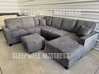 Large Gray Fabric Sectional Sofa with Ottomans
