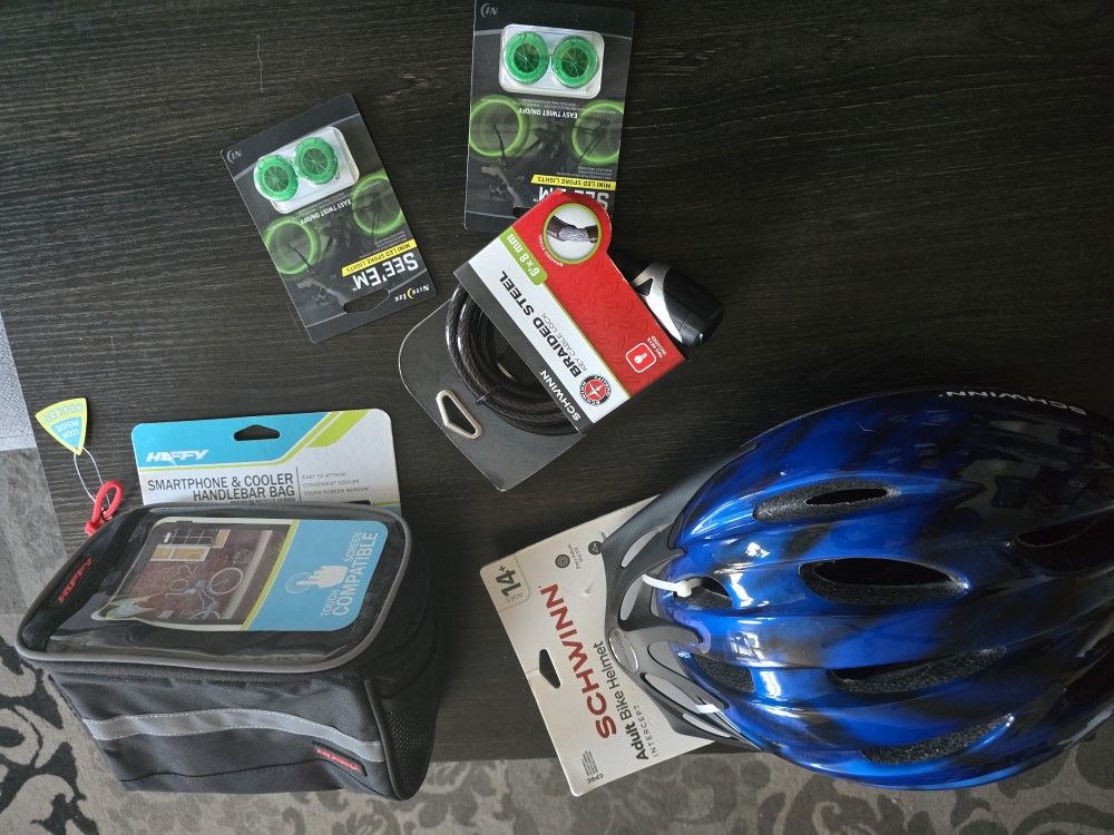 NIB Sealed bicycle accessories, helmet braided steel lock light spokes, smartphone cooler handlebar