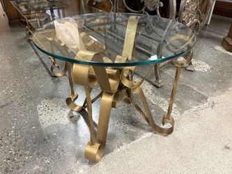 Round Hollywood Regency Style Scrolled Gold-Gilded Glass Top Side Table