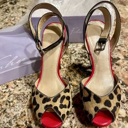 Marc Fisher size 9M Leopards Brown multi pony with red and black patent 