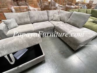 NEW Modern Light Grey Fabric Sectional Sofa and Chaise Set FREE STORAGE OTTOMAN Designer Ashley Style BIG SALE Gray Discount Furniture Warehouse USB
