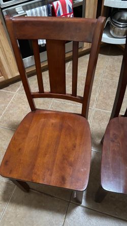 2 wooden dining chairs .