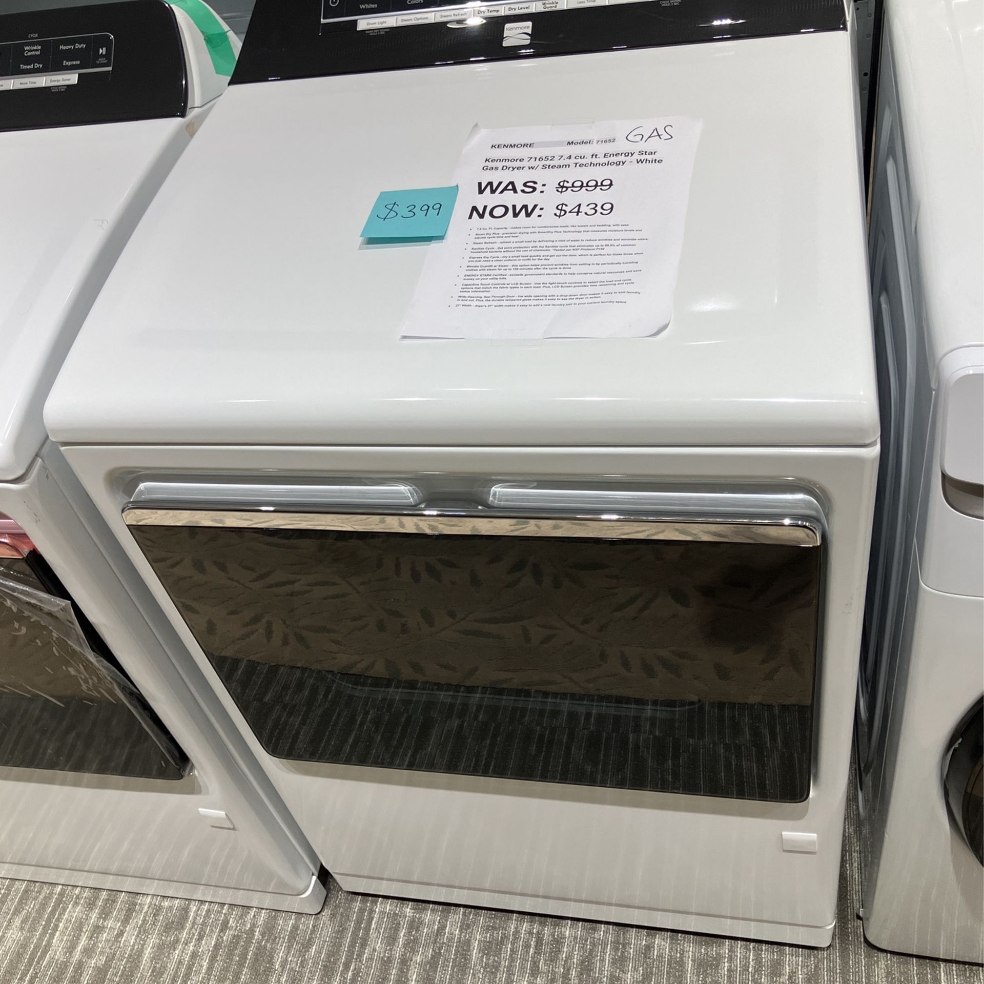 Kenmore 71652 7.4 Cu. Ft. Energy Star Gas Dryer W/ Steam Technology - White