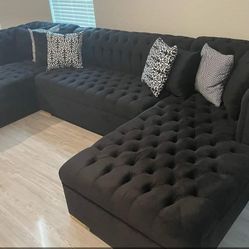 New/ Black Velvet Double Chaise Sectional 