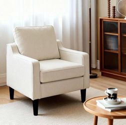 Chenille Sofa Accent Couch Chair for Bedroom, Mid Century Modern White Reading Chairs for Adults, Living Room Lounge Chairs Comfy, Upholstered Arm Sid