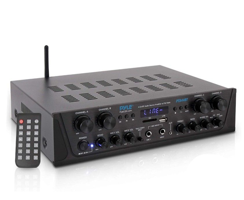 Pyle 500 Watt 4 Channel Wireless Bluetooth Power Amplifier Receiver & Remote NEW(AUX, FM Radio, RCA Subwoofer Speakers OUT USB, 2 Mic IN/ Home Theater