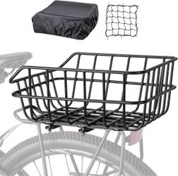 Metal Rear Bike Basket with Waterproof Cover and Cargo Net