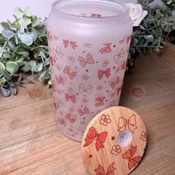 Strawberry Bow Frosted Glass Cup | 16oz Cute Pink Aesthetic Can Glass | Coquette Strawberry Iced Coffee Cup | Gift for Her