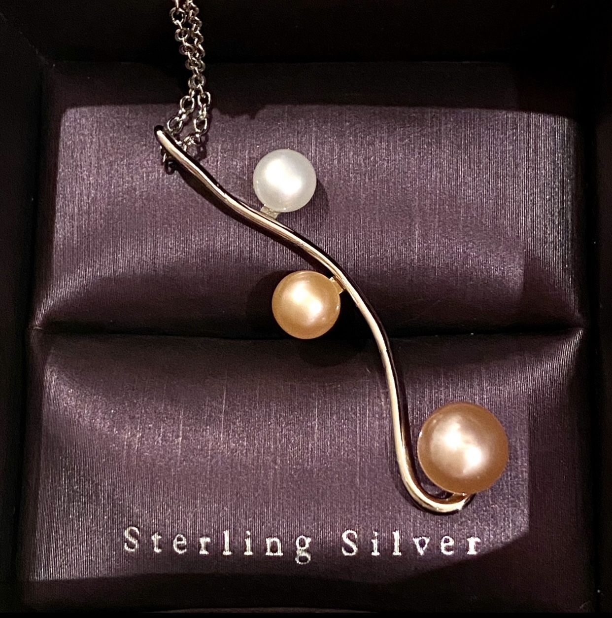 Solid 925 Sterling Silver Tri-Colored Natural Freshwater Pearl Pendant+Chain