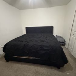 KING Black Upholstered Bed Frame with Nailhead Headboard