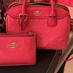 🔥NWT Coach CH276 Mini Rowan Crossbody Signature Leather Gold/Strawberry Haze Plus Wallet