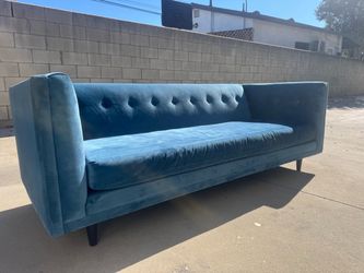 West Elm Blue Velvet Tufted Sofa – Modern 81” Couch