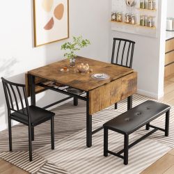 Modern Industrial Wooden 4-Piece folding Dining Table Set (2chairs & bench)