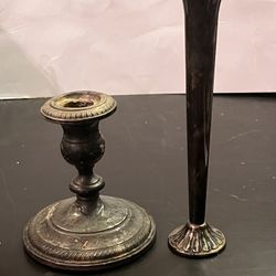 Lots Two Piece Antique. 1-sterling Silver Weighted Candle 2-small Vase 