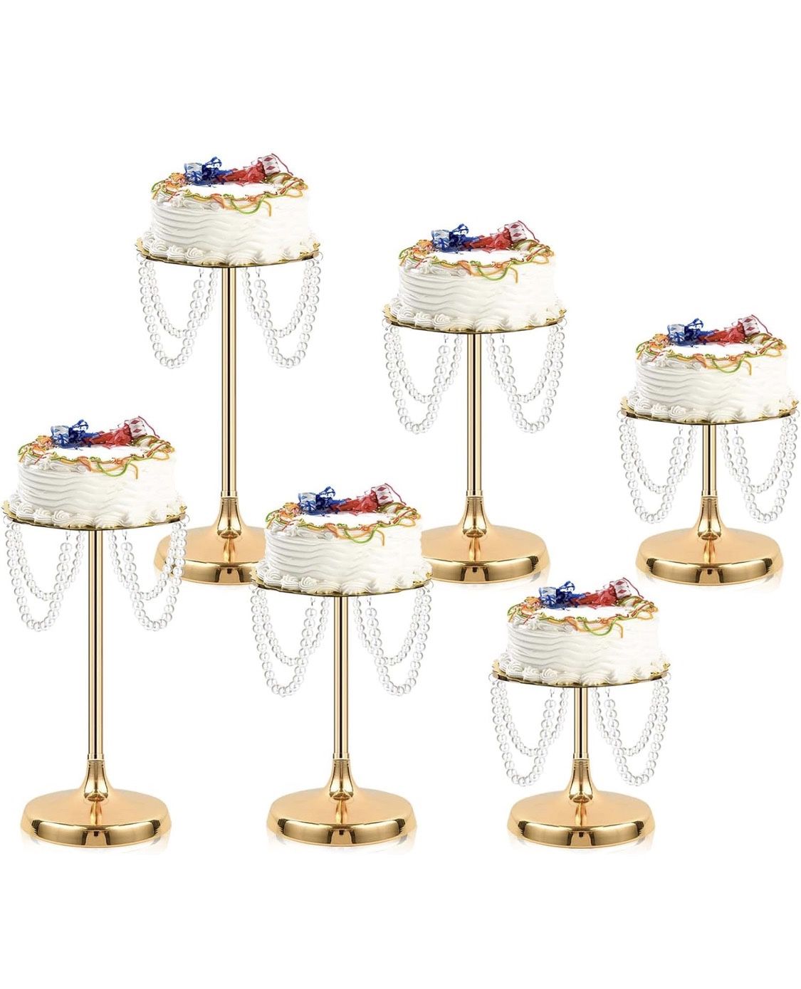 Gold Round Pearl Cake Stand, Dessert Table Metal Cake Display Stand Set with Pearl Pendant Wedding Birthday Cake Base Stand for Wedding Anniversary Bi