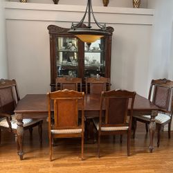 Complete Solid Wood Dining Room Set – Table, 6 Chairs, China Cabinet, Buffet & Chandelier 