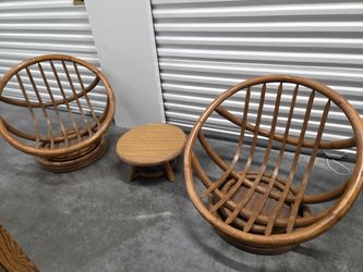 70s swivel rattan bucket chairs and table
